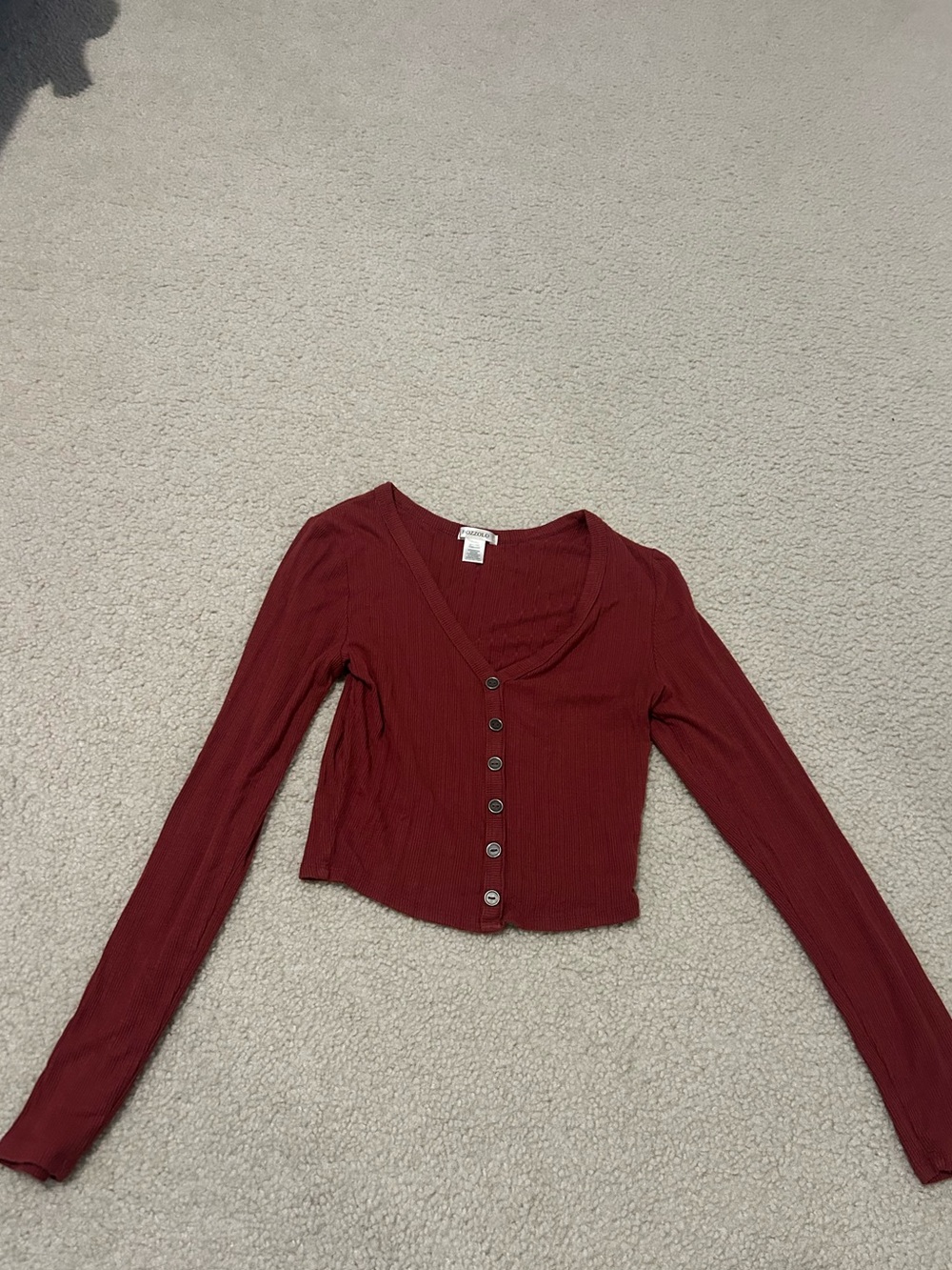 Bozzolo Burgundy Ribbed Button-Front Long Sleeve Crop Top